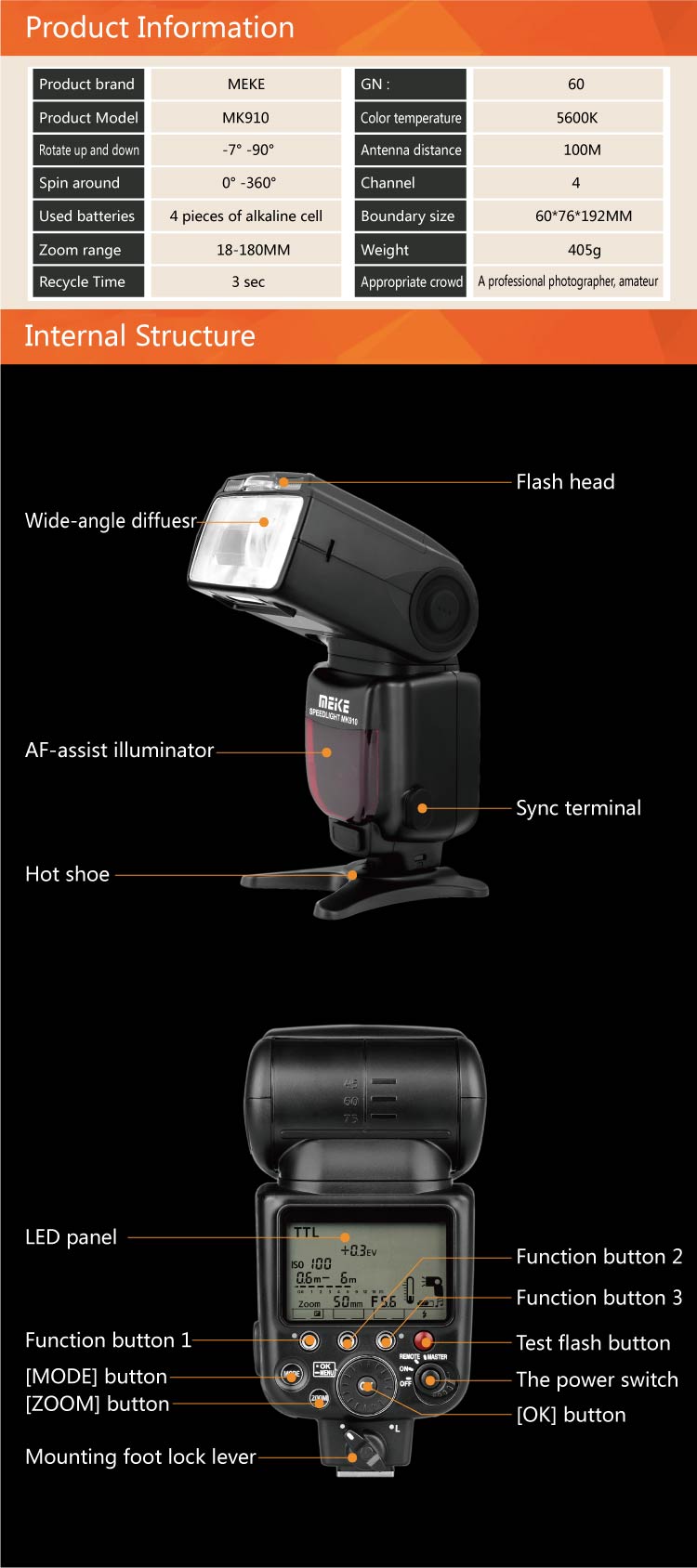 Flash Meike MK910 I-TTL Speedlite Per Nikon – GN60, HSS, Wireless E Testa Orientabile Per D800, D7000 E Serie